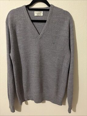 Vintage Christian Dior XL 100% ORLON ACRYLIC V neck gray sweater MADE in U.S.A.